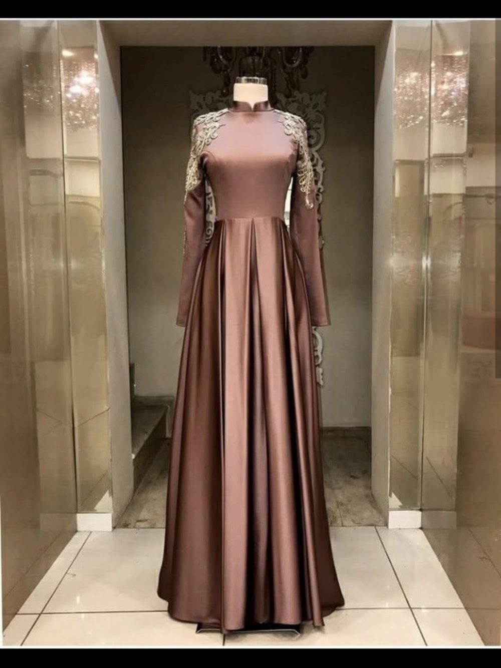 Long Sleeve Satin Evening Gown in Mauve with Lace Appliqué- Hijabi Friendly